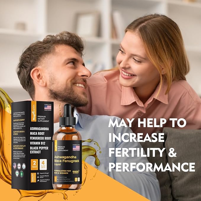 Ashwagandha Maca Fenugreek Extracts - Supports Energy & Focus - Liquid Supplement for Men & Women - 60 Day Servings, Vegan Drops (4 oz)