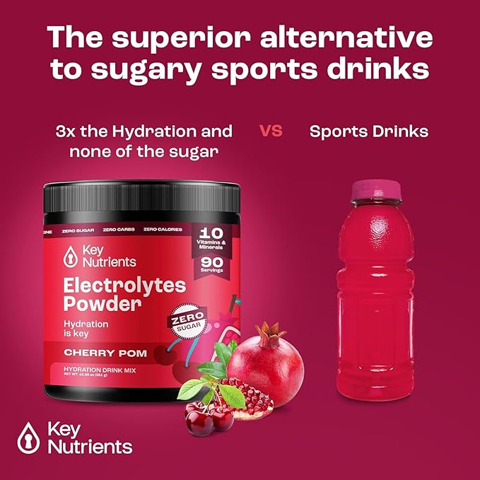KEY NUTRIENTS Multivitamin Electrolytes Powder No Sugar - Sweet Cherry Pom Electrolyte Powder - Endurance & Energy Supplement - Hydration Powder - No Calories - 90 Servings - Made in USA