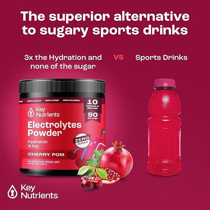 KEY NUTRIENTS Multivitamin Electrolytes Powder No Sugar - Sweet Cherry Pom Electrolyte Powder - Endurance & Energy Supplement - Hydration Powder - No Calories - 90 Servings - Made in USA
