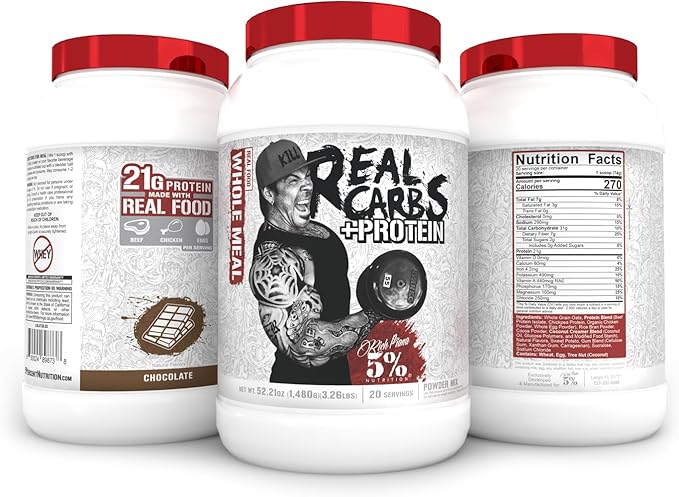 5% Nutrition Rich Piana Real Carbs + Protein | Clean Mass Gainer Protein Powder | Real Food Carbohydrate Fuel for Pre Workout/Post-Workout Recovery Meal | 3.2 lb, 20 Servings (Chocolate)