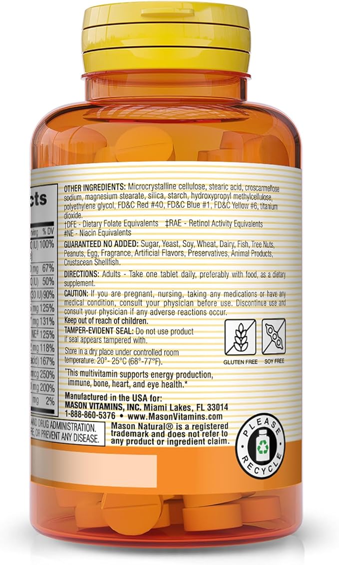MASON NATURAL Daily Multiple Vitamins - Vitamins A, C, D3, E, B1, B2, B3, B6, B12, Folate and Calcium for Overall Health, 100 Tablets (Pack of 3)