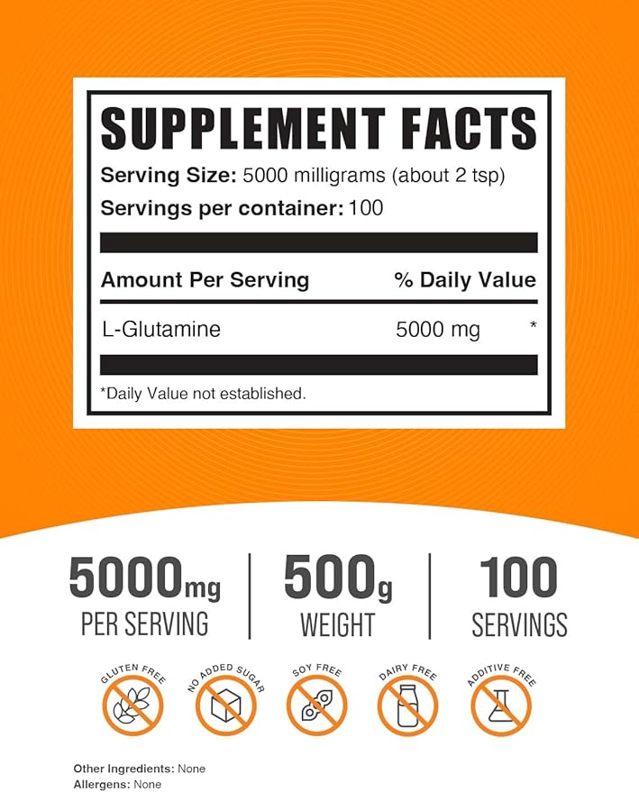 BulkSupplements.com L-Glutamine Powder - Glutamine Supplement, L-Glutamine 5000mg, L Glutamine Powder - Unflavored & Gluten Free, 5000mg per Serving, 500g (1.1 lbs) (Pack of 1)