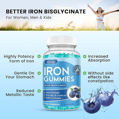 Iron Gummies with Multivitamin, Iron Supplement for Women & Men with Zinc, Vitamin B Complex & C, B12, Folate - Blood Builder & Energy Support for Adults & Kids - Blueberry Flavor, Vegan 60 Gummies