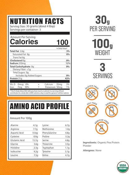 BulkSupplements.com Organic Pea Protein Powder - Vegan Protein Powder, Pea Protein Powder - Unflavored, Plant Based Protein - Gluten Free, 30g per Serving, 100g (3.5 oz) (Pack of 1)