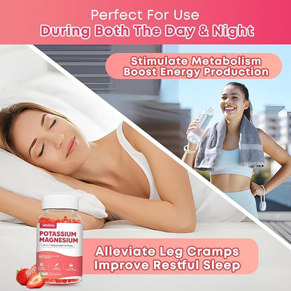 Potassium Magnesium Supplement Gummies for Adults Kids, Magnesium Glycinate Gummies 600mg & Potassium Citrate 1000mg, Plus Multivitamin, Omega-3 & Black Pepper, Leg Cramps, Muscle & Heart Health, 60ct