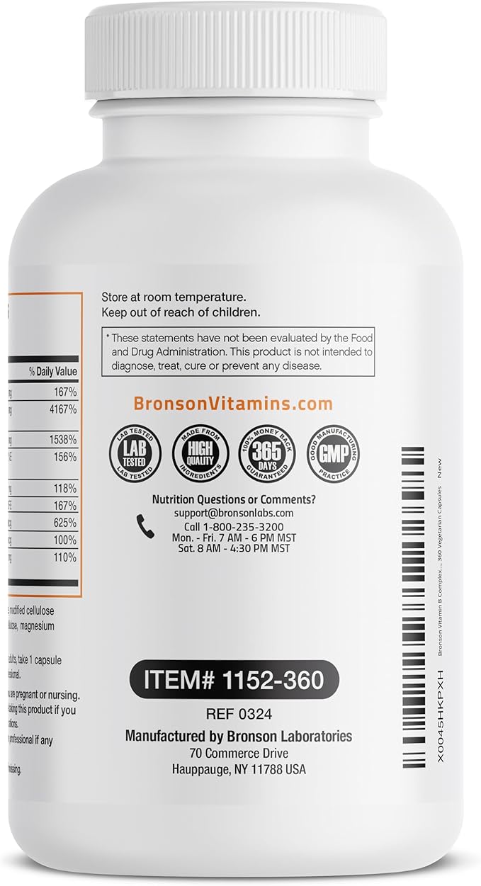 Bronson Vitamin B Complex with Vitamin C - Immune Health, Energy Support & Nervous System Support - Non-GMO, 360 Vegetarian Capsules