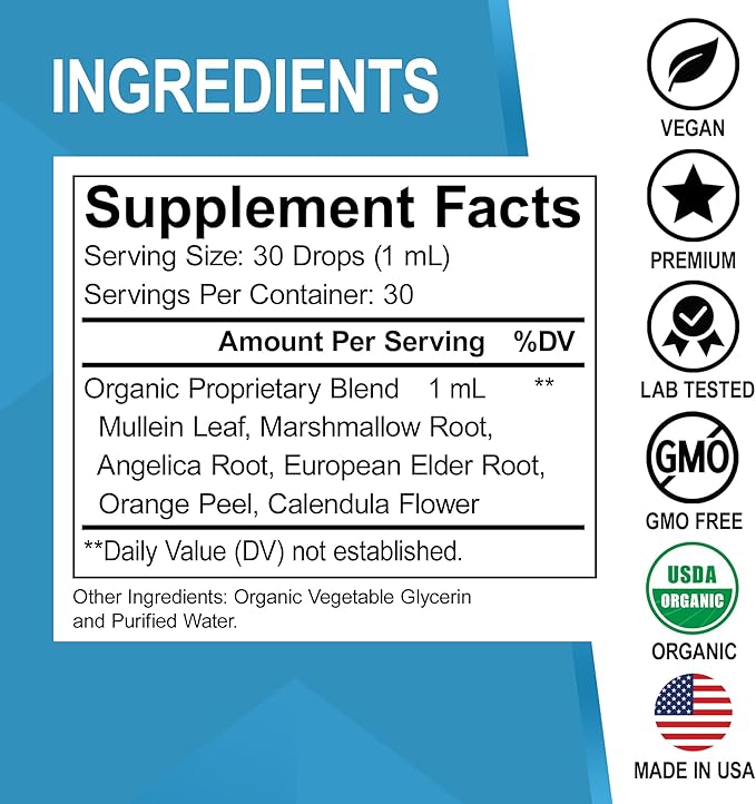 Lung Detox Respiratory Health Drops - Organic Respiratory Supplements Herbal Lung Cleanse, Mullein Drops for Lungs Bronchial Support, Mucus Clear with Mullein Leaf Extract, Elderberry Supplement 1 oz