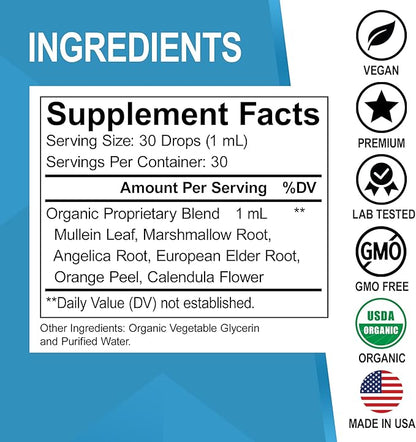 Lung Detox Respiratory Health Drops - Organic Respiratory Supplements Herbal Lung Cleanse, Mullein Drops for Lungs Bronchial Support, Mucus Clear with Mullein Leaf Extract, Elderberry Supplement 1 oz
