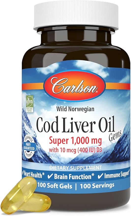 Carlson - Cod Liver Oil, Super 1000 mg + Vitamins A & D3, Wild Norwegian, Sustainably Sourced, 100 Softgels