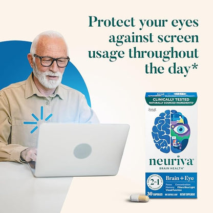 NEURIVA Brain + Eye Supplement for Memory, Focus & Concentration with Lutein & Vitamins A C E and Zinc for Eye Health & Zeaxanthin to Filter Blue Light, 30ct Capsules