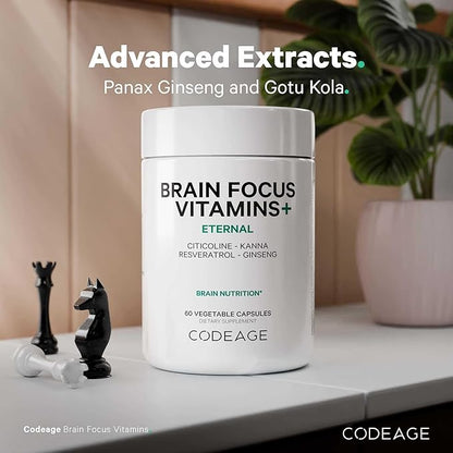 Codeage Brain Focus Vitamins+ Nootropic Supplement with Citicoline as Cognizin, Panax Ginseng, Resveratrol, Gotu Kola, Vitamin B12 Methylcobalamin - Liposomal Delivery - Non-GMO - 60 Capsules