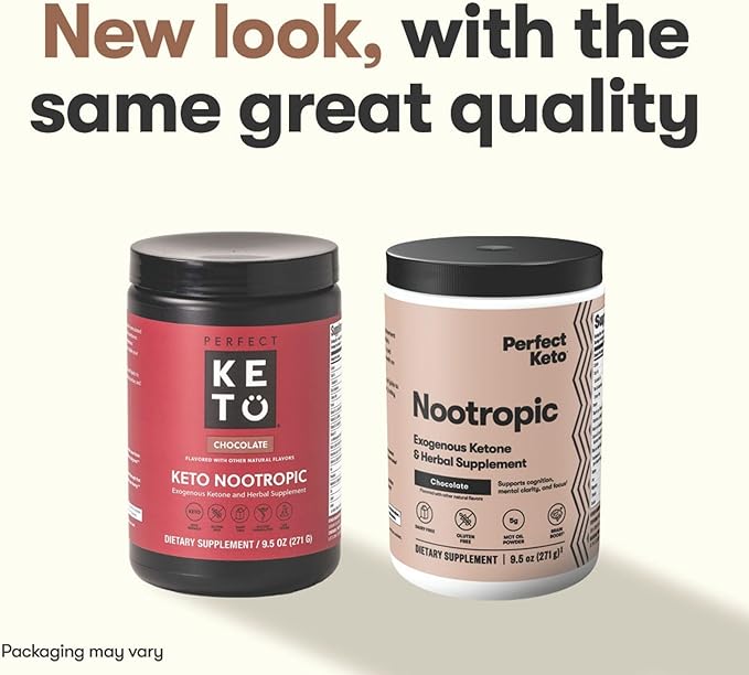 Perfect Keto Nootropic Brain Support, Caffeine Free Focus and Energy Supplement with Alpha Lipoic Acid, L Theanine, Ginkgo Biloba, Alpha GPC, MCT's, Collagen, Ketones, Chocolate Drink Mix, 15 Servings
