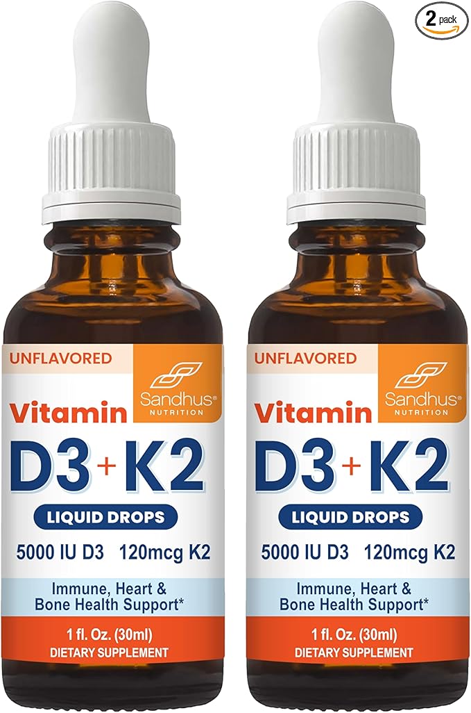 Sandhu's Vitamin D3 K2 Drops for Adults | 5000 IU D3 Liquid, 120mcg K2 Supplement | Supports Immune Health | 1 Fl Oz (Pack of 2)
