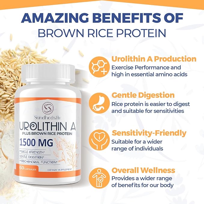 Urolithin A Supplement 1500MG Plus Brown Rice Protein, for Exercise Performance & Premium Cellular, Gluten Free, 60 Capsules