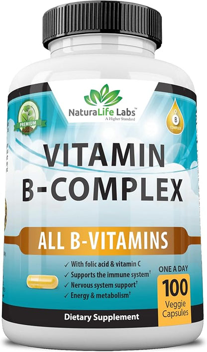 NaturaLife Labs A Higher Standard Vitamin B Complex with Vitamin C and Folic Acid - B12, B1, B2, B3, Vitamin B5 Pantothenic Acid, B6, B7, B9 - Nervous System Support 100 Veggie Capsules