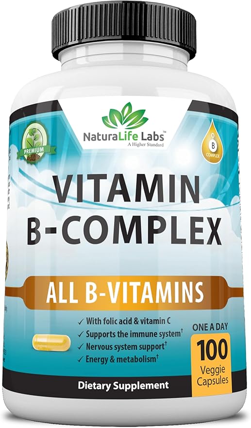 NaturaLife Labs A Higher Standard Vitamin B Complex with Vitamin C and Folic Acid - B12, B1, B2, B3, Vitamin B5 Pantothenic Acid, B6, B7, B9 - Nervous System Support 100 Veggie Capsules