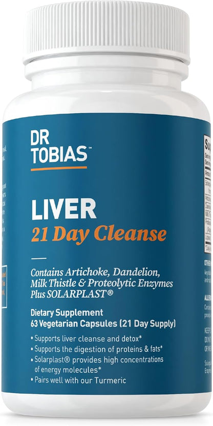 Dr. Tobias Liver 21 Day Cleanse, Herbal Liver Detox Cleanse with Solarplast, Artichoke, Milk Thistle & Dandelion Extract, 63 Vegetable Capsules (3 Daily)
