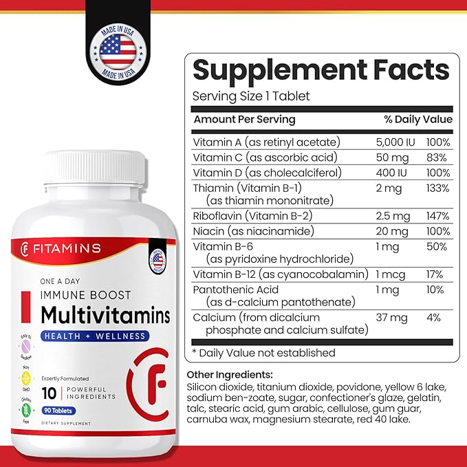 Easy-to-Swallow One Daily Multivitamin, Supplement Tablet with Vitamin A, Vitamin C, Vitamin D, Vitamin B2, B6 for Immune Health Support, B12, Calcium & More, 90 Count