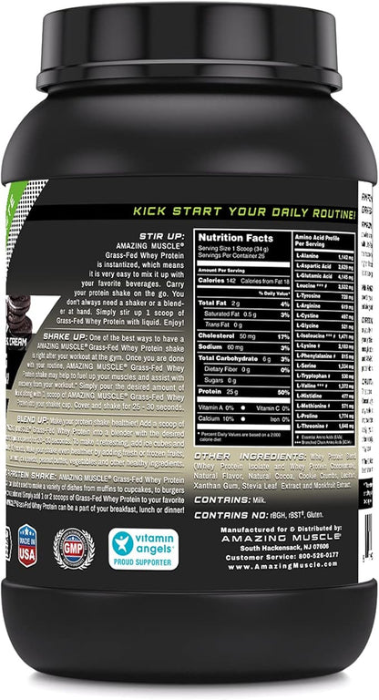Grass-Fed Whey Protein Supplement | 25 G per Serving | Cookies & Cream Flavor | 2 Lb (0.90 Kg) | Non-GMO | Gluten-Free | Made in USA