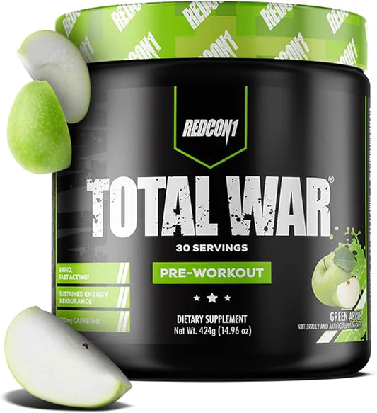 REDCON1 Total War Pre Workout Powder, Green Apple - Fast Acting Caffeinated Preworkout for Men + Women with Beta Alanine - Contains Citrulline Malate for Increased Pump, Blood Flow (30 Servings)