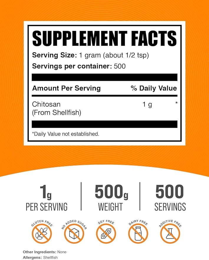 BulkSupplements.com Chitosan Powder - Chitosan 1000mg, Chitosan Supplements - Food Grade, Gluten Free & Soy Free, 1000mg per Serving, 500g (1.1 lbs) (Pack of 1)
