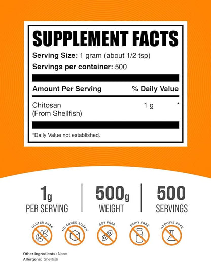 BulkSupplements.com Chitosan Powder - Chitosan 1000mg, Chitosan Supplements - Food Grade, Gluten Free & Soy Free, 1000mg per Serving, 500g (1.1 lbs) (Pack of 1)