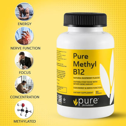 Methyl B12 Vitamin Gummies - Vegan Vitamin B12 Gummies for Adults & Kids - Vitamin Chewable Gummies for Energy & Nerve Function – Gluten-Free, Dairy-Free, Kosher (60 Gummies 1500 mcg)