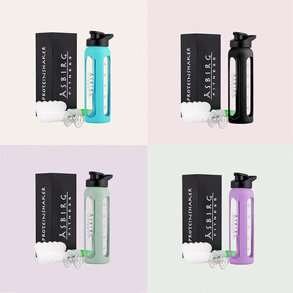 Fitness | Protein Shaker Made of Glass | Protein Shaker | Drinking Bottle | with Spiral Ball | Black (pastel purple)