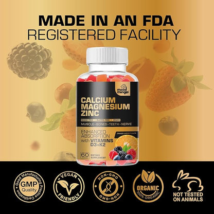 Calcium Magnesium Zinc Supplement Gummies for Kids Toddler & Adults - Enhanced Absorption with Vitamin D3 & K2 - Sugar Free Gluten Free Cal Mag Zinc Vegan Chewable Complex Calcium Gummies