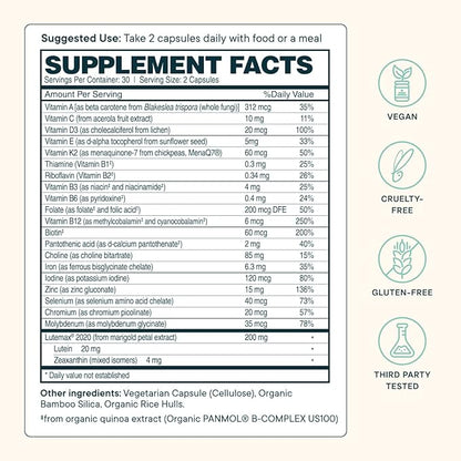 Ora Organic Plant Based Multivitamin for Women and Men, Bluelight Protection - Brain, Eye, Energy, Immune, Skin, Hair, Heart, and Bone Health Support, 60 Vegan Capsules