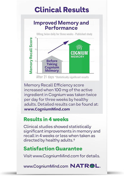 Natrol Cognium Memory, Brain Health Supplements for Adults, Dietary Supplement for Brain Health and Clinically Shown to Improve Memory and Recall in Healthy Adults, 60 Tablets, Up to a 30 Day Supply