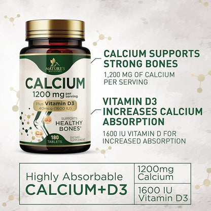 Calcium 1200 mg with Vitamin D3, Calcium Supplement Vitamins, Supports Bone Strength, Teeth & Immune System, Calcium Supplements for Women & Men, Nature's Absorbable Calcium Carbonate - 180 Tablets