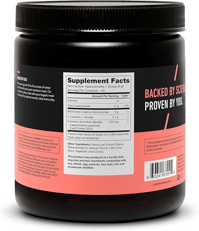 LEGION Recharge Post Workout Supplement (Strawberry Lemonade) - All Natural Muscle Builder & Recovery Drink with Micronized Creatine Monohydrate. Naturally Sweetened & Flavored 60 Serving