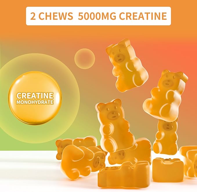 Creatine Monohydrate Gummies 5g for Men Women - Sugar Free Chewable Supplement. 180 Gummies Orange