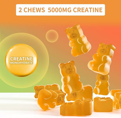 Creatine Monohydrate Gummies 5g for Men Women - Sugar Free Chewable Supplement. 180 Gummies Orange