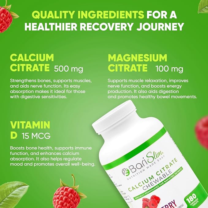 BariSlim Bariatric Calcium Citrate with Magnesium & Vitamin D Tabs - 500mg Calcium Citrate - Formulated for Post Weight Loss Surgery - Supports Bone Health | Raspberry Flavor