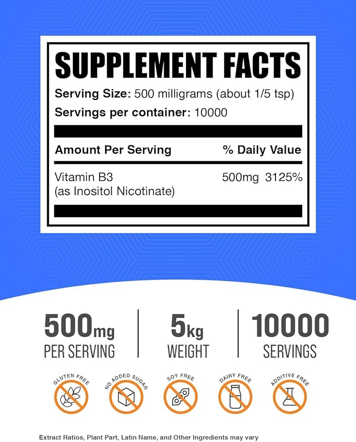 BulkSupplements.com Flush Free Niacin Powder - as Inositol Hexanicotinate, Vitamin B3 Supplement, Niacin 500mg Flush Free - Gluten Free, 500mg of per Serving, 5kg (11 lbs) (Pack of 5)