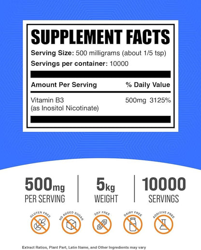 BulkSupplements.com Flush Free Niacin Powder - as Inositol Hexanicotinate, Vitamin B3 Supplement, Niacin 500mg Flush Free - Gluten Free, 500mg of per Serving, 5kg (11 lbs) (Pack of 5)