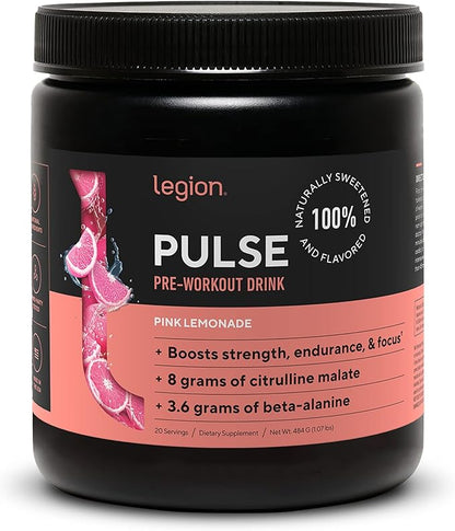 LEGION - All Natural Nitric Oxide Preworkout Drink to Boost Energy, Creatine Free, Naturally Sweetened, Beta Alanine, Citrulline, Alpha GPC (Pink Lemonade)