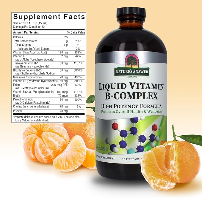 Nature's Answer Liquid Vitamin B-Complex Supports Healthy Energy Levels | Promotes Healthy Nerve Function | All-Natural Tangerine Flavor | Gluten-Free & Benzoate-Free 16oz