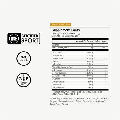 Momentous Vital Aminos Powder Supplement - BCAA & EAA, Tropical Punch - NSF Certified, GMO-Free, Gluten Free, 30 Servings (Package May Vary)