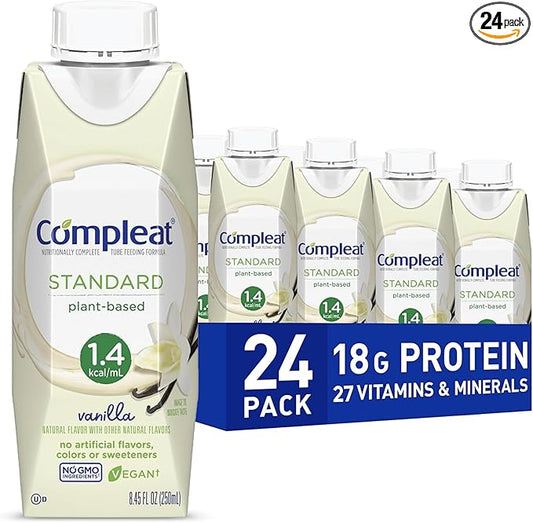 Compleat Standard 1.4 Plant-Based Vanilla Nutrition Shake - 18g Protein, 29 Vitamins & Minerals - Vegan Tube Feeding Formula - 8.45 Fl Oz (Pack of 24)