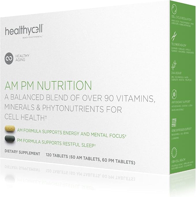 Healthycell AM PM, Natural AntiAging Multivitamin for Men, Women, Supports Cell Health, Stem Cells, Energy, Sleep, with Vegetarian Whole Food Vitamins, Antioxidants, Probiotics (30 Servings)