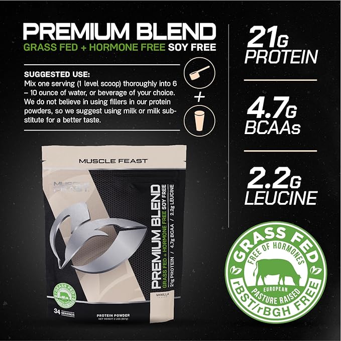 Muscle Feast Premium Blend All Natural Hormone Free Grass-Fed Whey Protein Powder, Vanilla, 2lb