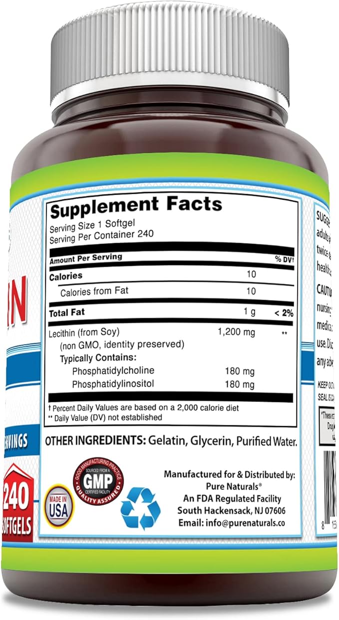 Pure Naturals Lecithin 1200 mg Softgels Supplement | High Potency | Non-GMO | Gluten Free (240 Count)