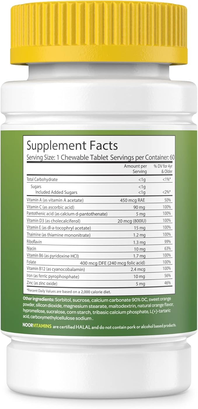 Noor Vitamins Halal Kids Multivitamin Chewable: Essential Vitamins for Immune, Bone & Eye Health with Iron - Non GMO & Gluten Free - Halal Vitamins 60 Count (2 Month Supply)