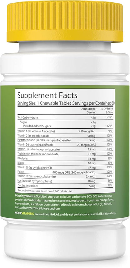 Noor Vitamins Halal Kids Multivitamin Chewable: Essential Vitamins for Immune, Bone & Eye Health with Iron - Non GMO & Gluten Free - Halal Vitamins 60 Count (2 Month Supply)