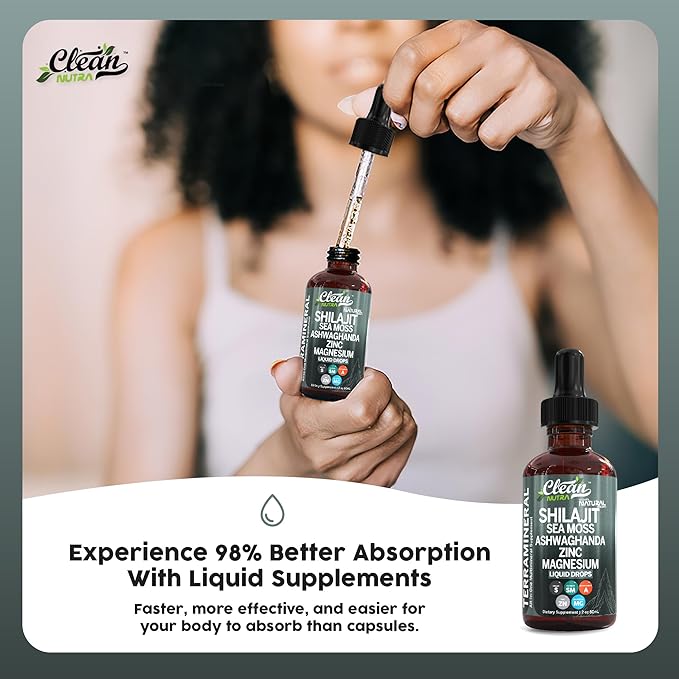 Shilajit Liquid Drops with Sea Moss, Ashwagandha, Zinc, Magnesium, Liquid Vitamins for Women and Men - Terra Mineral by Clean Nutra