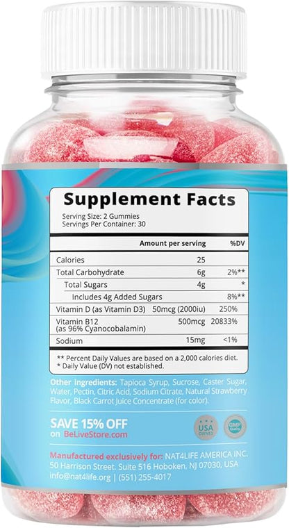 BeLive Vitamin D3 Gummies with B12 Vitamins - Immune Support Gummies with Vegan Vitamin B12 & D3, Provides Enhanced Bone & Muscle Strength, Hearth Health and Energy - Strawberry Flavor | 3-Pack