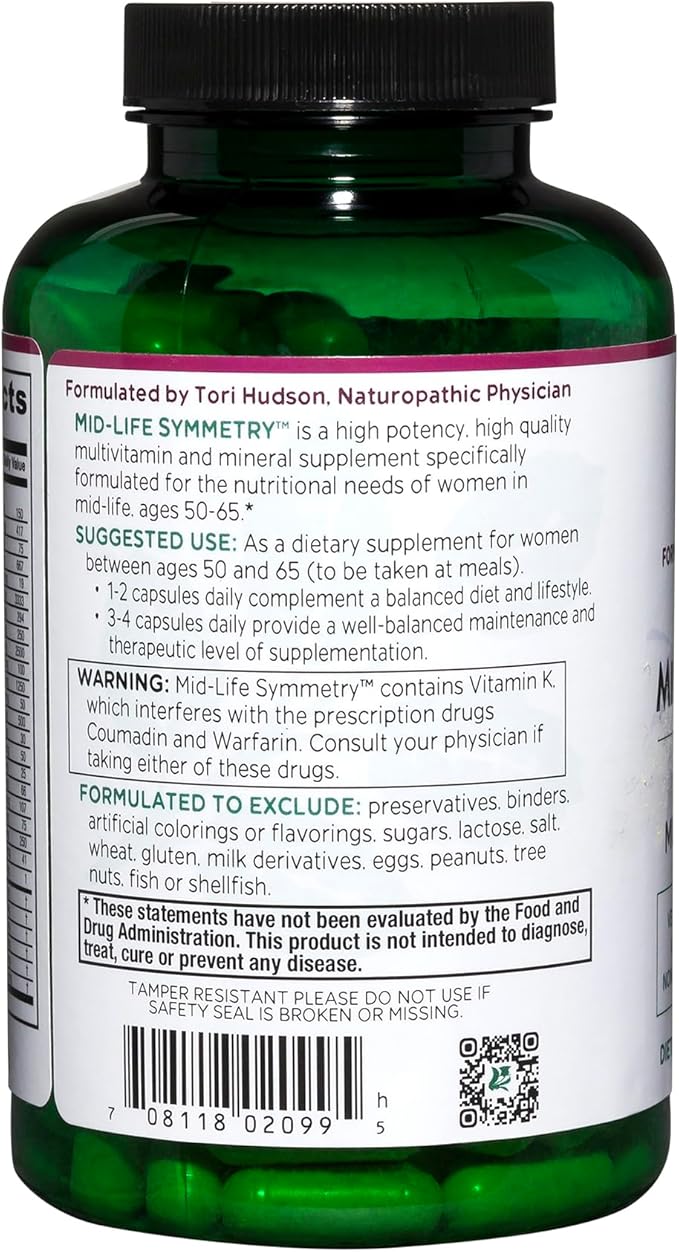 Vitanica - Mid-Life Symmetry, 50-65 High Potency Multivitamin and Mineral, Vegan, 180 Capsules